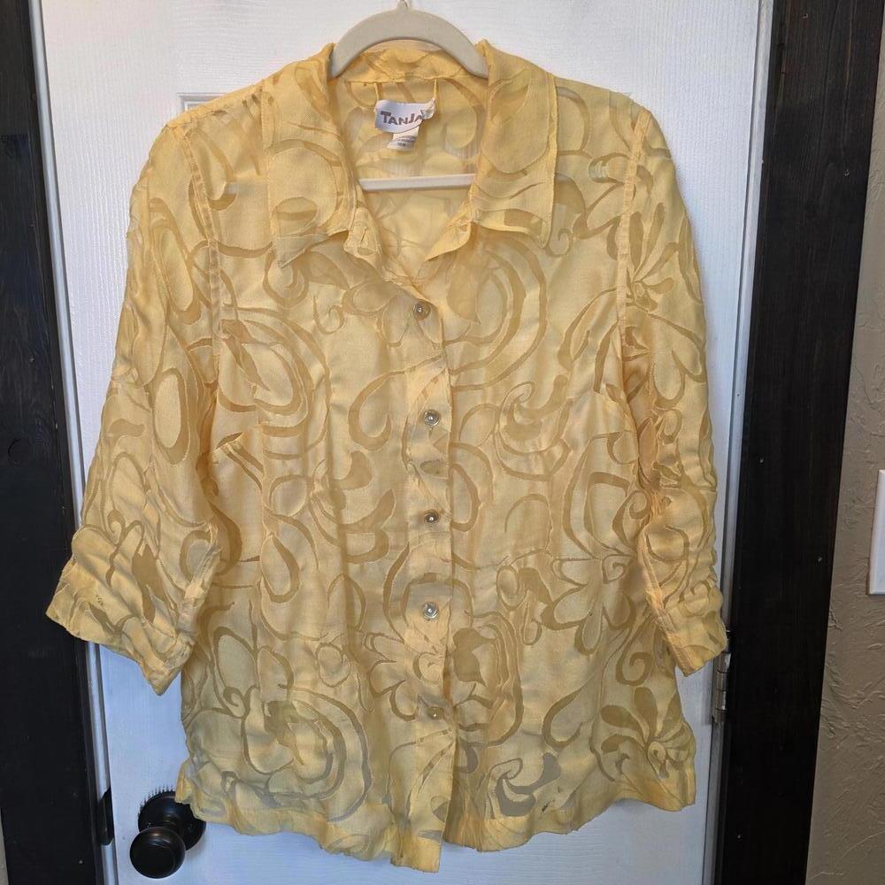 TanJay Women's Yellow Sheer Patterned Button-Up Blouse- 16W